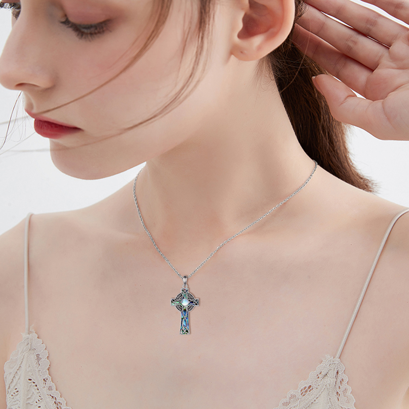 Abalone Celtic Knot Cross Necklace 925 Silver